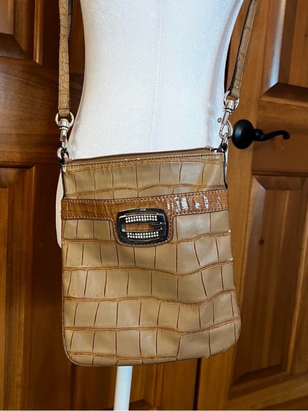 Faux Crocodile Guess tan crossbody bag with embellished logo